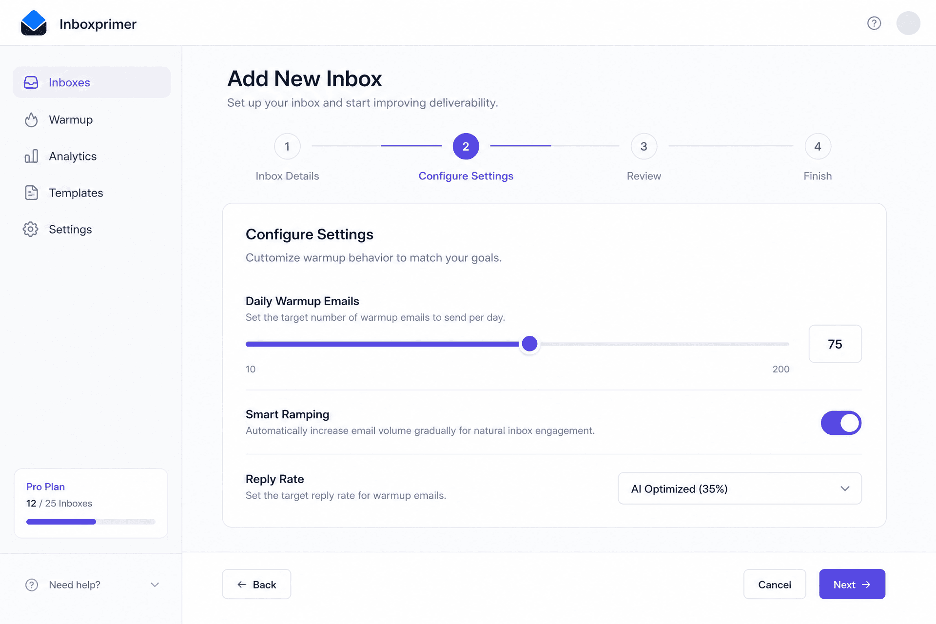 Configuring the automated email warmup settings for a new inbox in Inboxprimer.